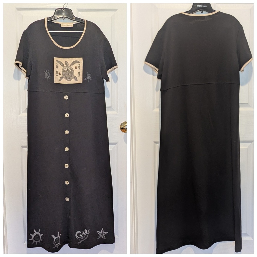 Y2K Tribal Turtle Coastal Maxi Dress Sweet Jessie Black Button Front 42" Bust